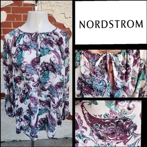OX ( XL ) women Sejour NORDSTROM paisley front tie long sleeve blouse purple 💜